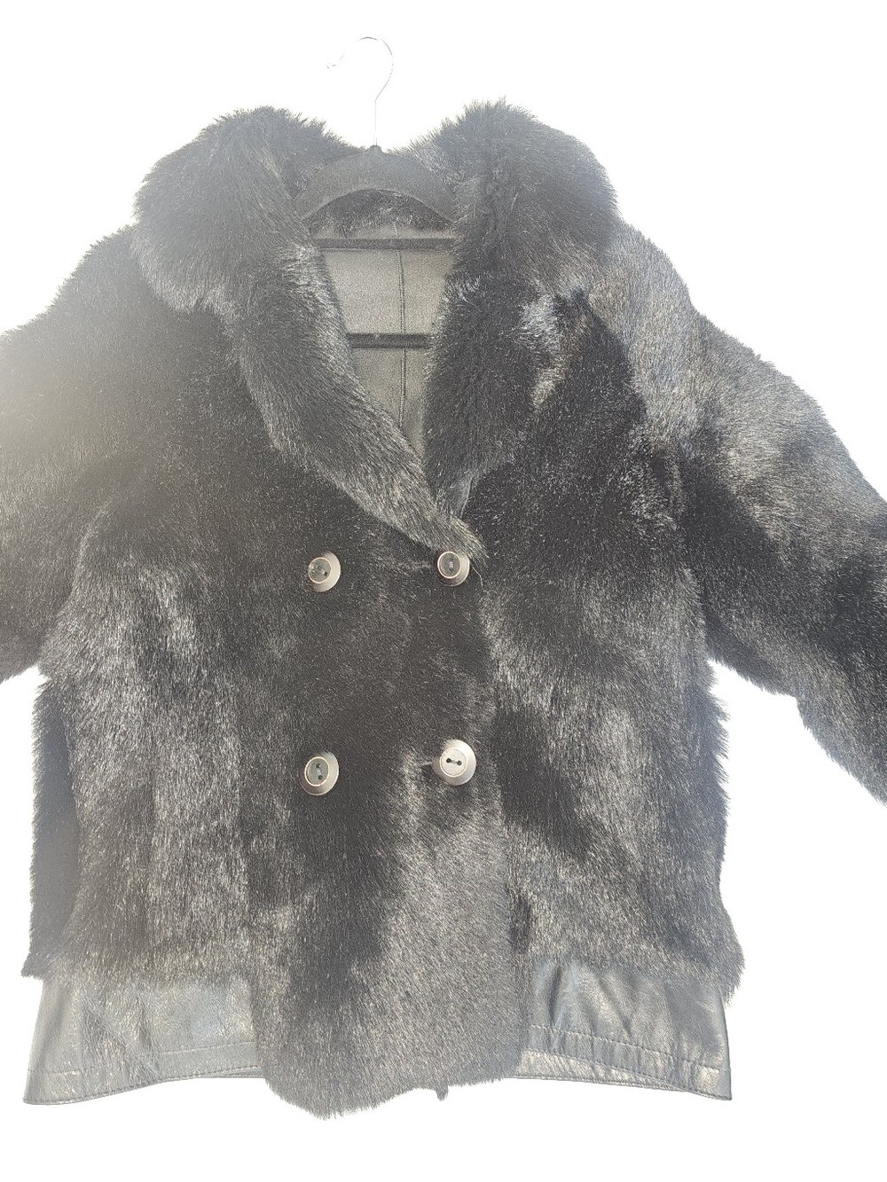 Black Double Breasted Fur & Imported Sheepskin Leather Jacket - Picture 6 of 11